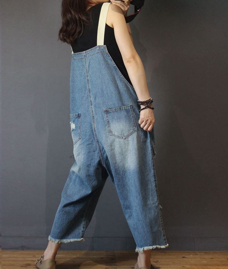 YESNO Women Casual Loose Cropped Denim Jumpsuits Rompers 90s Jeans Overalls Distressed Ripped Fringed/Pockets S P49 Blue - Image 4